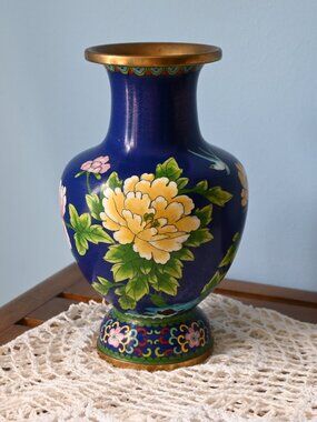 Vintage Chinese Cloisonné Enamel Vase Blue Floral Bird Brass 10.5 in